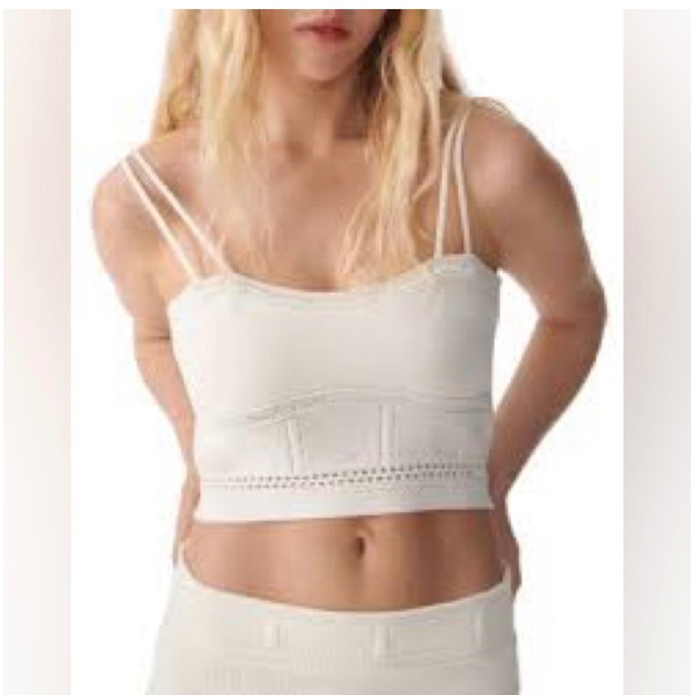 M14 House of Harlow 1960 White Knit Crop Top V-Neck Double Strap Pointelle Large